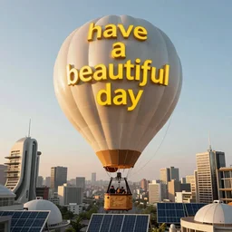 a futuristic bauhaus neo solar punk civilization hot air balloon carrying a sign that says'have a beautiful day ', yellow calibri font, golden hour, photography, award - winning, hyper detailed, 4 k, smooth, sharp focus, trending