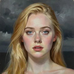 professional painting of Elle Fanning in the style of Eleanor Fortescue-Brickdale, head and shoulders portrait, symmetrical facial features, smooth, sharp focus, illustration, intricate, stormy weather, extremely detailed masterpiece,