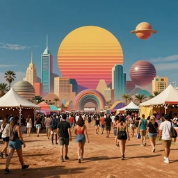 A busy, crowded festival on Mars with 2 million people, 80's style retro futuristic art