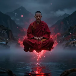 buddhist monk in dark red cloth in lotus position flying in front of camera over night himalaya mountains lake in weightlessness, foggy and red red energy gloomy sparks in night atmosphere, bokeh background, highly detailed science fiction illustration by jeremy geddes. photorealistic, hyper detailed, 8 k, movie still, artstation