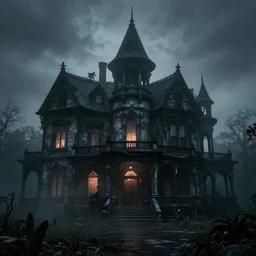 lomo photo of haunted mansion, dark, scary, moody, gloomy, foggy