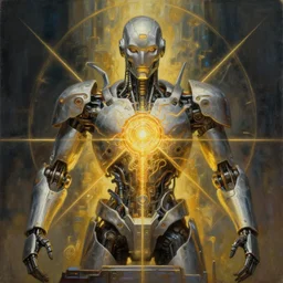 a portrait painting of a ai machine god, hearth of the machine in cyberpunk style, symmetrical, golden ratio, energy core, cybernetic shrine, robot religion, realistic shaded lighting, magali villeneuve, artgerm, rutkowski