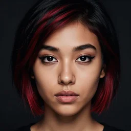 portrait of a short black and red dyed hair girl with light brown skin, black eyes, eyeliner, trending on artlist, hd, 4 k, dramatic lighting, symmetric