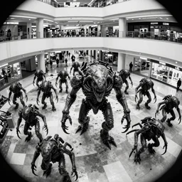 camera footage of a Hundreds of Rabid Zerglings in an abandoned shopping mall, high exposure, dark, monochrome, camera, Unreal engine 5, grainy, CCTV, security camera footage, timestamp, zoomed in, fish-eye lens, Evil, Zerg, Brood, spider, horrifying, lunging at camera :4