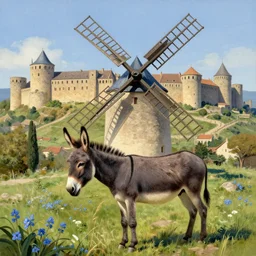 very long shot of a windmill, wild beautiful Donkey, spots of blue flowers nearby, medieval french landscape, Carcassonne, city of carcassonne in the background, and with big building by Stanley Artgerm Lau, WLOP, Rossdraws, frank frazetta, Andrei Riabovitchev, Marc Simonetti, tranding on artstation