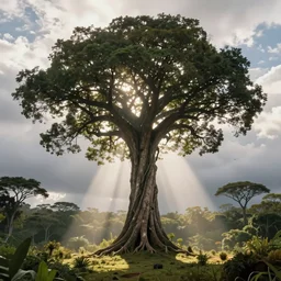 giant amazonian tree of the wind, thin trunk, god rays, surrealist, dmt, dmt, 5 meodmt, blissful landscape, mother ayahuasca, sacred, by christophe vacher