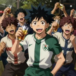 anime key visual of a classical oil painting of drunk English football fans, official media from my hero academia