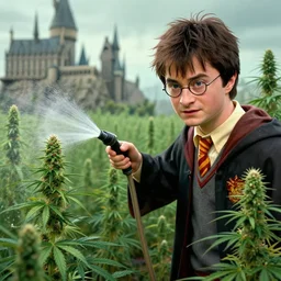 harry potter watering a cannabis field with a hose in hogwarts, marijuana plants, realistic face, digital illustration, in the style of greg rutkowski, very detailed, artstation, smooth, cinematic, sharp