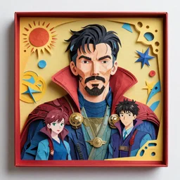 Doctor Strange portrait paperart by Morgana Wallace, Yukari Nakayama, Noe Arata, John Ed De Vera, paper sculpture, anime style, vibrant colors, BL, boys love, paper layers, layered, paper art, paperart, highly detailed, songjin, paper box, intricate papercut