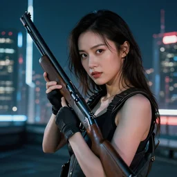 photographic portrait of a techwear woman holding a shotgun, closeup, on the rooftop of a futuristic city at night, sigma 85mm f/1.4, 4k, 8k, hd, depth of field, high resolution, full color, Die Hard, movies with guns, movie firearms