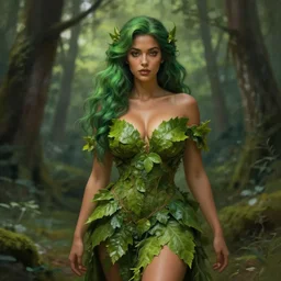 portrait of a forest mage, female, dress made of green leaves, gorgeous, green hair, brown skin, curves, forest background, sharp focus, digital painting, artgerm and greg rutkowski and alphonse mucha