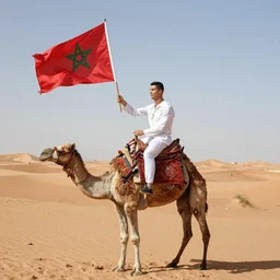 cristiano Ronaldo holding the Moroccan flag while riding a camel in the desert