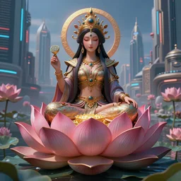 Beautiful 3d render of the flower queen goddess on a giant lotus, centered, symmetry, with the third eye on her forehead, painted, intricate, volumetric lighting, beautiful, rich deep colours masterpiece, sharp focus, ultra detailed, in the style of Dan Mumford and marc simonetti, with a clear crowded futuristic cyberpunk dubai city in the background, astrophotgraphy