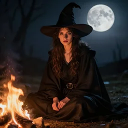 portrait of a young witch in a black robe sitting on the ground next to a fire, full moon in the sky overhead, detailed face, highly detailed, by frank frazetta and boris vallejo