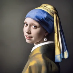 a colorful girl with high detail smiles sweetly, in the style of Girl with a Pearl Earring by Johannes Vemeer, masterpiece, old master, grand master