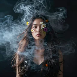 candid portrait of one!!! single!!! very very beautiful young filipino woman with narrow face, flowing long hair, surrounded by dramatic swirling thick smoke, flowers, face partially obscured, dark background, by conrad roset, abstract, thought provoking, dramatic lighting, trending on artstation