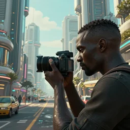 A solarpunk very highly detailed black videomaker with very highly detailed face, recording with a solarpunk camera, on the street of a very highly detailed smooth solarpunk city digital concept art by Greg Rutkowski, neofuturistic highly detailed, digital concept art, Dimensional cyan gold natural light, sharp focus, Golden Ratio illustration, realistic concept art by Stephen Hickman and James Gurney and Hiromasa Ogura Ghost in the Shell rendered in Octane Render, From the distance