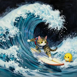 A mixed media painting of cat surfing big waves, by Frank Frazetta, Greg Rutkowski, Beeple, kawaii, post-processing, low angle, masterpiece, cinematic, isometric, volumetric lighting
