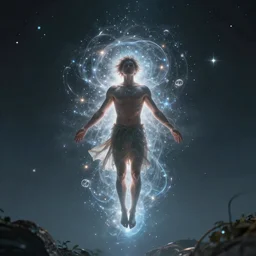 Enlightened person floating in the quantum world, realistic photo