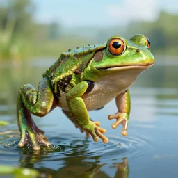 a closeup photorealistic photograph of a frog jumping out of a lake, fantastic four theme. bright scene. fine detail. this 4 k hd image is trending on artstation, featured on behance, well - rendered, extra crisp, features intricate detail, epic composition and the style of unreal engine.