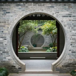 circular gate in a brick wall, leading into a garden. chinese architecture. detailed. smooth. sharp focus. trending on arstation. artist greg rutkowski.
