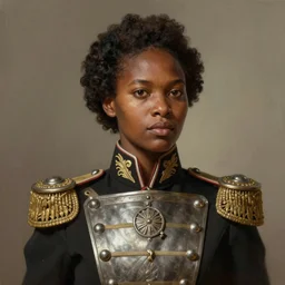 portrait of an south african woman wearing a traditional nineteenth century south african empire military uniform, metal shoulder pauldrons, intricate, highly detailed, digital painting, artstation, concept art, sharp focus, cinematic lighting, illustration, art by artgerm and greg rutkowski, alphonse mucha, cgsociety