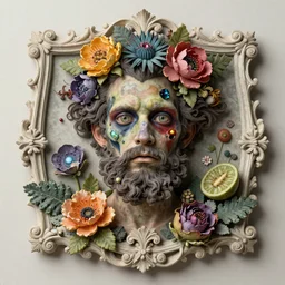 zombie, punk rock, young male, bearded, multicolored faces, fruit and flowers, gemstones for eyes, botanical, vanitas, sculptural, baroque, rococo, intricate detail, spiral, ornamental, kaleidoscopic, soft, elegant, beautiful