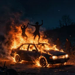 night scene burning car with people dancing silhouette, fantasy, highly detailed, art by greg rutkowski