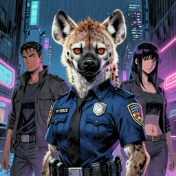 beautiful portrait commission of a female furry anthro spotted hyena fursona wearing a police uniform. Cyberpunk city at night in the rain. Neon light. Atmospheric. Character design by charlie bowater, ross tran, artgerm, and makoto shinkai, detailed, inked, western comic book art