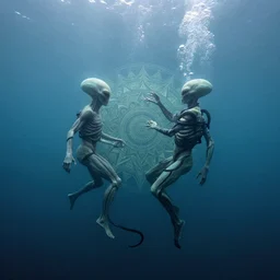 a giant mandala pale alien embryo fighting an anatomical human, wrapped in black tentacles, floating in foggy water, deep dive in the ocean, bubbles rising, by charlie bowater, by karol bak