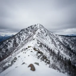 franconia ridge, a mountain covered in snow and rocks under a cloudy sky, a tilt shift photo by david budd, trending on unsplash, hudson river school, high dynamic range, still from grand theft auto 5, rockstar advanced game engine