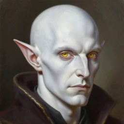 a detailed matte head - on portrait painting of an tiefling nobleman with white skin, golden eyes and short well kept hair, by charlie bowater, lise deharme, wlop, tending on arstation, dungeons and dragon, dnd, pathfinder, fanart, oil on canvas