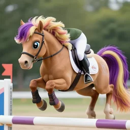 portrait of a rider on a my little pony as an ( ( ( appaloosa horse ) ) ), the pony jumping a over a hurdle with a rider on its back, an ( ( ( appaloosa ) ) ) hybrid has a mane and tail like my little pony, professional, high quality, 4 k, dof, bokeh, action