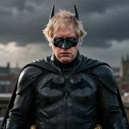 A medium shot of Boris Johnson as Batman, shallow depth of field