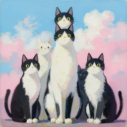 highly detailed contemporary acrylic painting of really tall sitting cats by studio ghibli, thick brush strokes and visible paint layers, glistening clouds in background, light blue black, white and pink vivid pastel color scheme