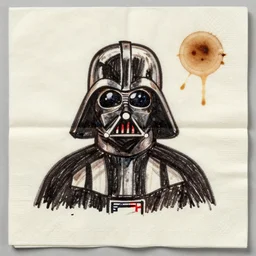 a napkin doodle of darth vader drawn with crayons, coffee stain on napkin