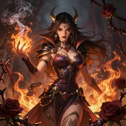 beautiful necromancer with fire and smoke magic, surrounded by thorns and dark roses, attarctive face, anime key visual, highly detailed, sharp focus, concept art, league of legends, style by shumolly and monable and artgerm and greg rutkowski and zeronis and pilyeon and ruan jia