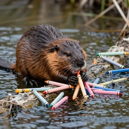 beavers in a river building a dam out of colourful crayons, HD nature photography,
