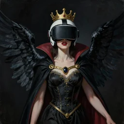 Illustrated by Shepard Fairey and H.R. Geiger | a renaissance style portrait painting of raven winged female vampire in VR helmet, wearing a crown and cape, dark background