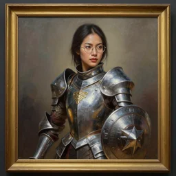 greg manchess oil matte portrait painting, thai female knight with glasses, sword and shield, rectangular frame, wonderful masterpiece highly detailed, scifi, beautiful cinematic light deep focus, elegant, digital painting, smooth, sharp focus, golden ratio, dramatic illumination, ultra realistic, 4 k, art by greg rutkowski wlop rossdraws