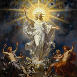 A stunning, breathtaking, awe-inspiring, award-winning, concept art nouveau painting of Lucifer standing tall triumphantly invincible over the remains of Heaven, light-bringer, the morning star, cosmos, deep space, trending on ArtStation , by Michelangelo, Alphonse Mucha, Michael Whelan, William Adolphe Bouguereau, John Williams Waterhouse, and Donato Giancola, exquisite, intricate, dramatic, hyperrealistic, atmospheric, cinematic, 8k