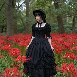 black haired girl in victorian clothing surrounded in a forest full of red spider lily flowers on a semi-cloudy day
