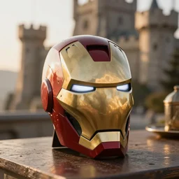 a reflective steel engineering mask of ironman on table, medieval themed castle in golden afternoon light, professional food photography