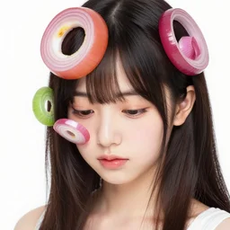 the face of a ridiculously beautiful and cute japanese girl partially made of onion rings of all colors looking down, an ultrafine hyperdetailed illustration by james jean, final fantasy, intricate linework, bright colors, behance contest winner, vanitas, angular, altermodern, unreal engine 5 highly rendered, global illumination, radiant light, detailed and intricate environment