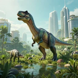 modern city full of dinosaurs, overgrown, swampy, digital art