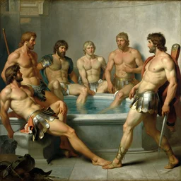 muscular male gladiators, trojan baths painting by gaston bussiere, craig mullins, j. c. leyendecker, tom of finland
