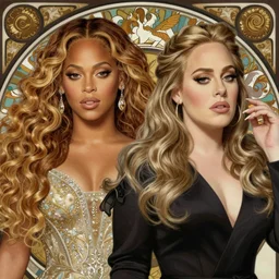 beyonce and adele, intricate, elegant, highly detailed, digital painting, artstation, concept art, smooth, sharp focus, illustration, art by artgerm and greg rutkowski and alphonse mucha and william - adolphe bouguereau