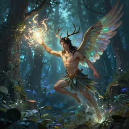 A male fairy with antlers on his head and hawk wings on his back casting a powerful glowing spell in the middle of an enchanted forest, dreamscape, dramatic lighting, fantasy art illustration, trending on artstation, Aetherpunk
