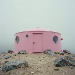 a pink minimalistic brutal bunker stands on a sandy mountain with stones, view from the bottom up, in low fog, film still from the movie directed by denis villeneuve with art direction by zdzisław beksinski close up