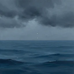 An abstract digital painting showing a single drop of rain falling into the sea from a dark sky
